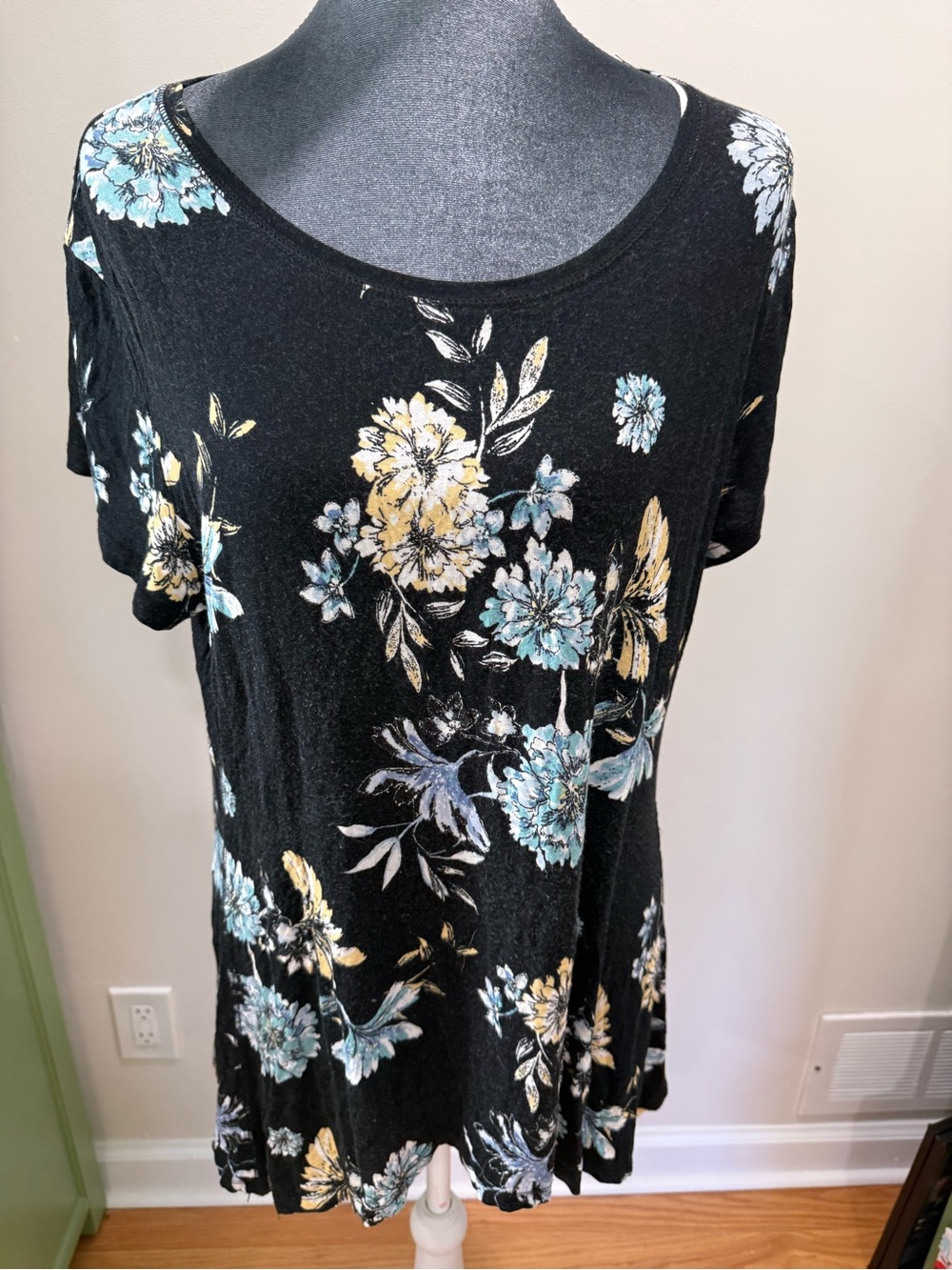 Style & Co. Black Tunic Top with Blue & Yellow Floral Print